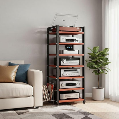 7 Tier AV Media Stand, 55in Audio Rack Tower Stereo Components Cabinet, Home Theatre CD Record Player Stereo Receiver Equipment Rack with Adjustable Wood Shelves, Load 400lbs (Teak Brown)
