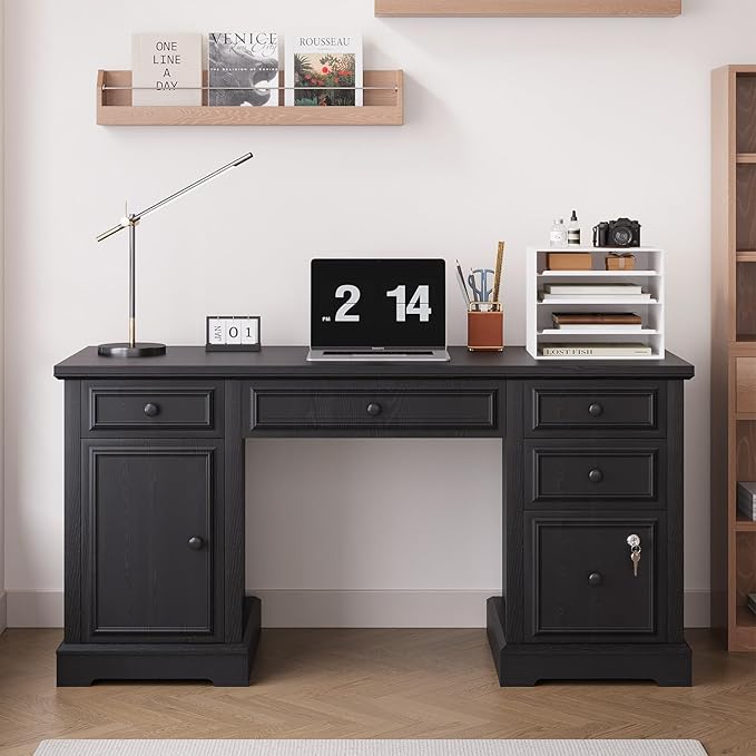 Vipbear 59" Executive Desk, Farmhouse Computer Desk with Drawers, Lockable File Drawer, Storage Cabinet & Power Outlet, Rustic Home Office Desks, Workspace for Work Study Writing, Black