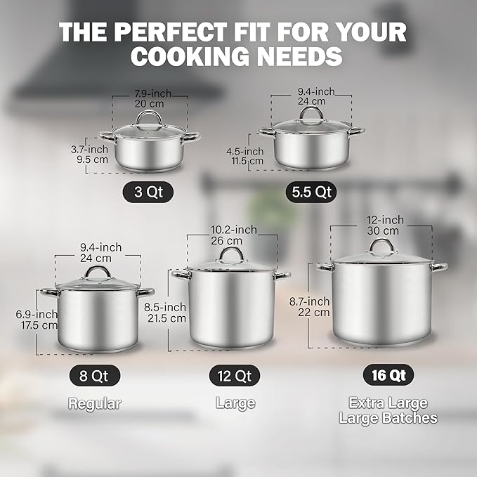 Cook N Home Basics 8 Quart Stainless Steel Stock Pot with Lid, Cooking Pot for Pasta, Soup, Sturdy Handle, Stockpot with Even Heating, Oven & Dishwasher Safe, Cookware for Canning, Boiling