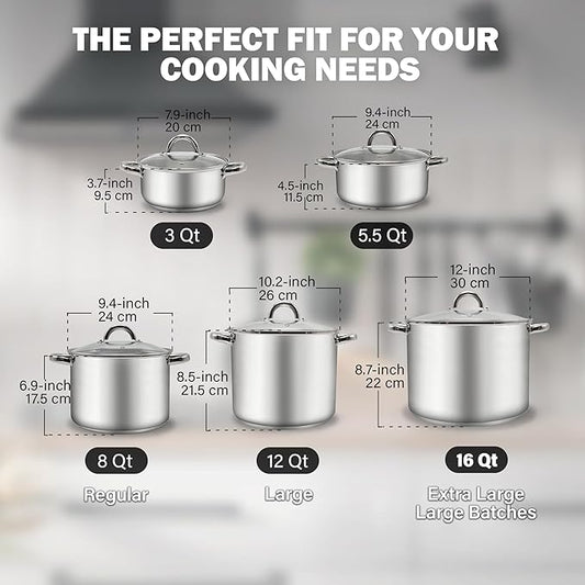 Cook N Home Basics 8 Quart Stainless Steel Stock Pot with Lid, Cooking Pot for Pasta, Soup, Sturdy Handle, Stockpot with Even Heating, Oven & Dishwasher Safe, Cookware for Canning, Boiling