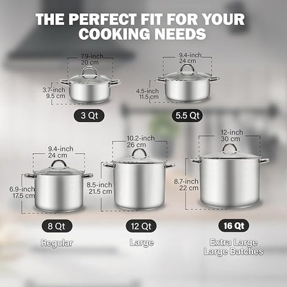 Cook N Home Basics 16 Quart Stainless Steel Stock Pot with Lid, Cooking Pot for Pasta, Soup, Sturdy Handle, Large Stockpot with Even Heating, Oven & Dishwasher Safe, Cookware for Canning, Boiling