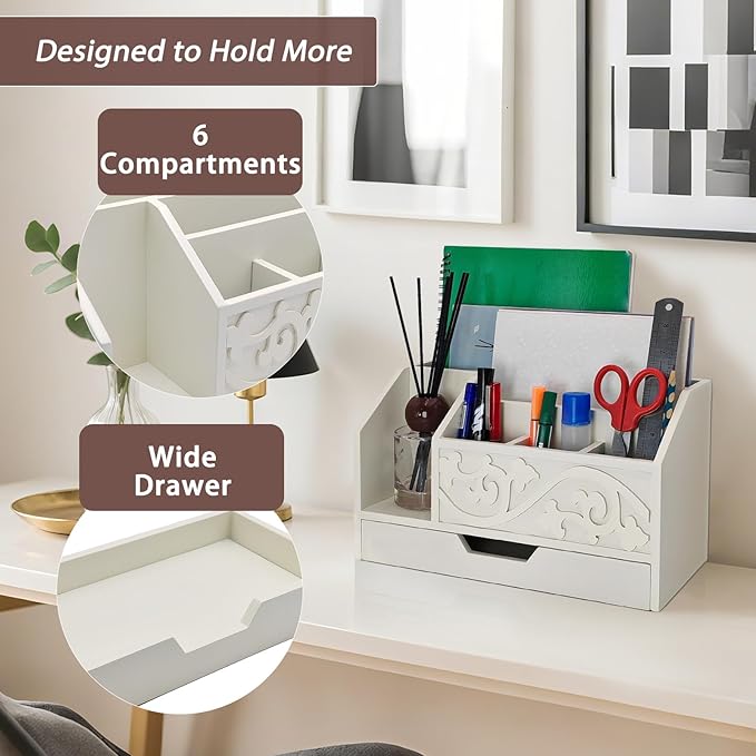 White Wooden Mail Organizer with Drawer, Three Tiered Desk Accessories for Office Organization and Storage, Stylish Countertop Document Storage, Home/Office/Classroom Supplies (White02)