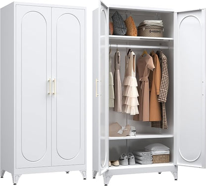 SteeLoong 71" Metal Armoire Wardrobe Closet with Doors，Tall Clothing Storage Cabinet with Adjustable Shelves and Hanging Rod,White Wardrobe Closet for Bedroom,Home,Office,Gym