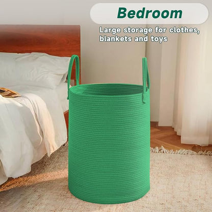 JMvicyroam Large Woven Laundry Basket Hamper,60L Cotton Rope Storage Bin for Blankets,Toys and Clothes,Decorative Tall Nursery Hamper for Living Room,Baby Nursery,Bathroom and Bedroom,Dark Green