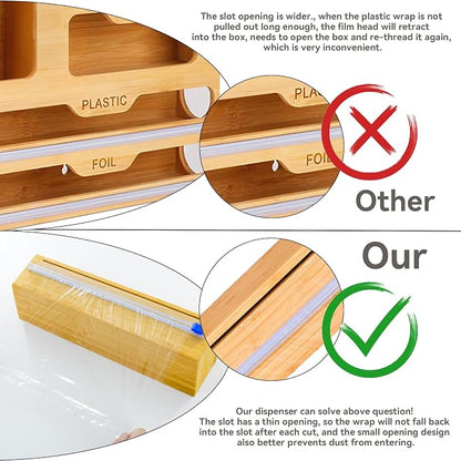 Uncle Jack Plastic Wrap Dispenser with Slide Cutter, Fit 13'' Rolls, Bamboo Aluminum Foil Dispenser with Cutter for Wax Paper, Saran Wrap