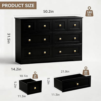 Dresser for Bedroom with Power Outlets Wide Chest of Drawers with 8 Drawers Modern Wooden Dressers with Metal Handle Large Closet Store Organizer for Bedroom Living Room Hallway Closet Black