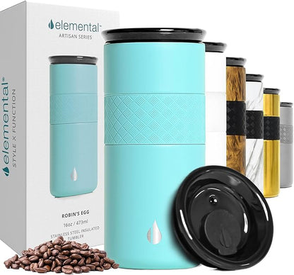Elemental Artisan Insulated Tumbler, Triple Wall Coffee Travel Mug, Reusable Stainless Steel Coffee Tumbler with Ceramic Lid, Thermal Coffee Cups for Hot (6 Hrs) & Cold (18 Hrs), 16oz - Robin's Egg