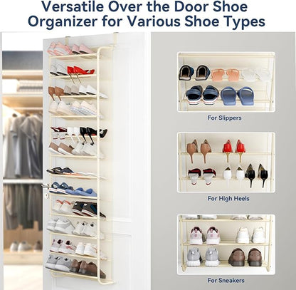 Whitmor 36 Pair Over The Door Shoe Organizer, 12 Tier Hanging Shoe Organizer, Heavy Duty Metal & Mesh Shoe Holder, Hanging Shoe Rack for Closet Organizer & Storage, 74"H x 21.7"W x 7.5"D, Beige