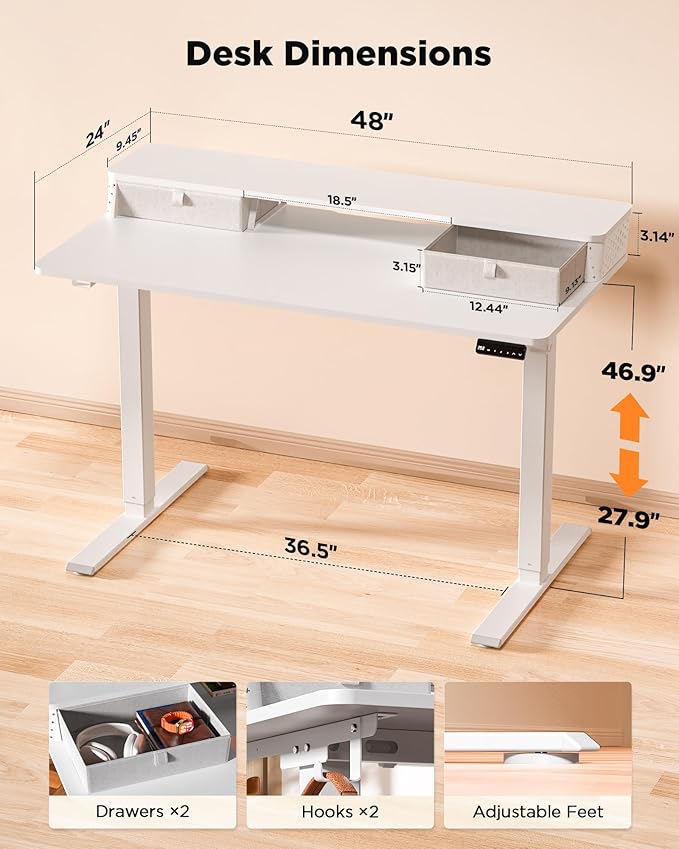 FiCiHi Standing Desk with Drawers, C-Clamp Mount Compatible, 48x24 Inch Electric Adjustable Height Computer Stand Up Desks, Home Office Sit Stand Table with 3 Preset Heights & 2 Hooks, White