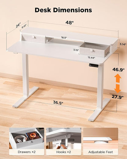 FiCiHi Standing Desk with Drawers, C-Clamp Mount Compatible, 48x24 Inch Electric Adjustable Height Computer Stand Up Desks, Home Office Sit Stand Table with 3 Preset Heights & 2 Hooks, White
