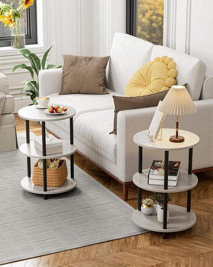 XBurmo Small Round End Table - 3 Tier Design Accent Table, Narrow Side or Bedside Stand, Industrial Vintage Nightstand for Bedroom, Living Room, or Small Spaces, Set of 2, Greige