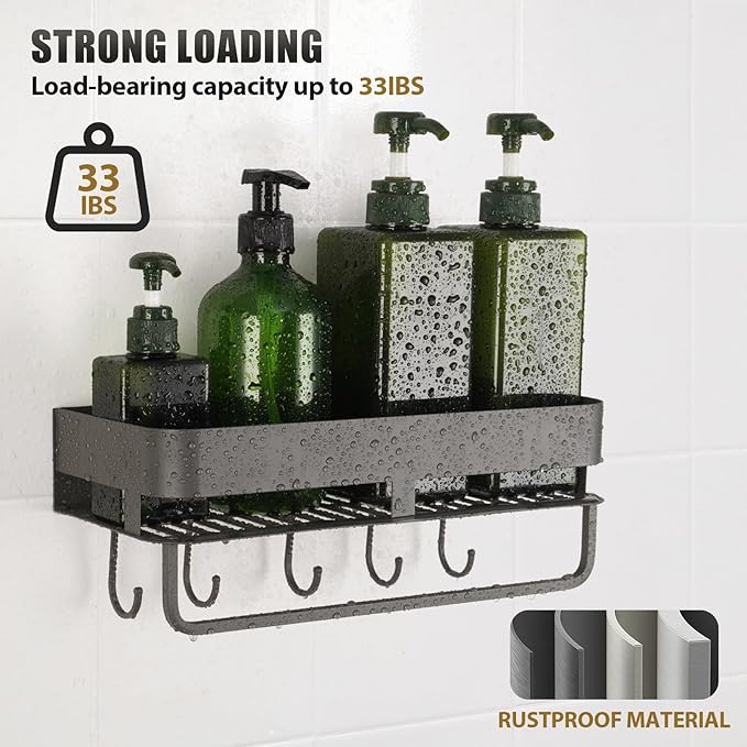 Shower Caddy, 15.7 inch Stainless Steel Shower Shelves for Inside Shower with Hooks & Towel Bar - Space-Saving Bathroom Organizers and Storage for Showers, Kitchens