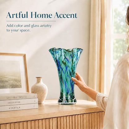 9.0" H Teal Glass Vases for Flowers, Unique Hand Blown Glass Vase Green Home Decor, Wide Mouth Colorful Flower Vase Centerpieces, for Living Room Table Bookshelf, Bathroom Office Shelf Decorative