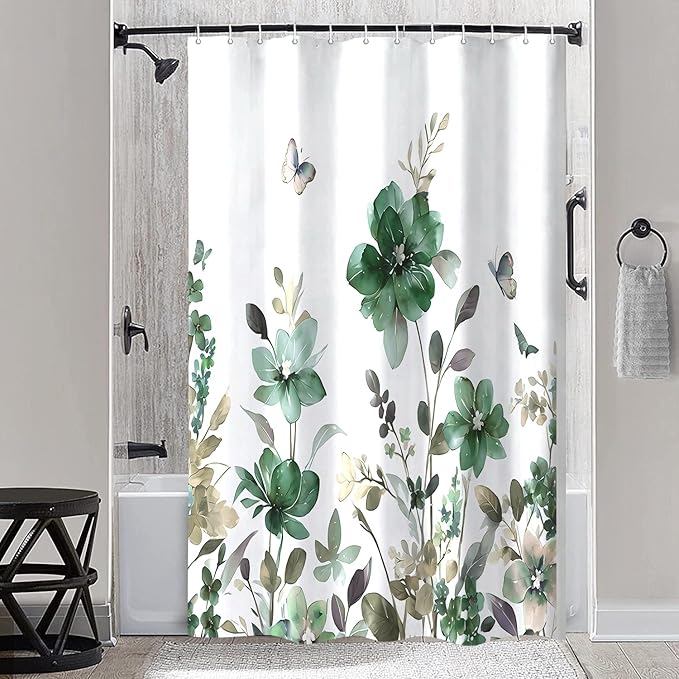 Green Floral Shower Curtain, Green Lavender Floral Butterfly Boho Shower Curtains for Bathroom, Farmhous Flower Cute Fabric Shower Curtain Set with 12PCS Hooks, 60X70IN
