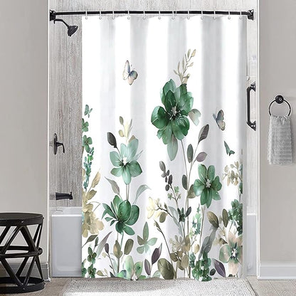 Green Floral Shower Curtain, Green Lavender Floral Butterfly Boho Shower Curtains for Bathroom, Farmhous Flower Cute Fabric Shower Curtain Set with 12PCS Hooks, 60X70IN