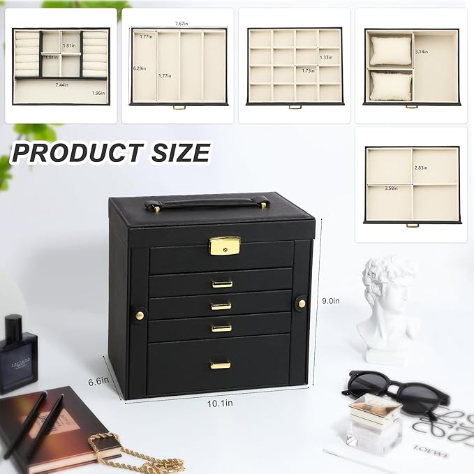 Jewelry Box for Women, 5-Layer Jewelry Organizers Box, Large Jewelry Storage Box for Girls, Jewelry Holder Organizers Gift for Valentine's Day, Christmas, New Year (Black)