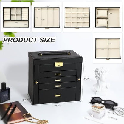 Jewelry Box for Women, 5-Layer Jewelry Organizers Box, Large Jewelry Storage Box for Girls, Jewelry Holder Organizers Gift for Valentine's Day, Christmas, New Year (Black)