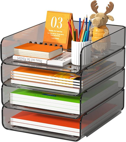 FANXIYQ 4-Tier Acrylic Paper Tray Organizer, Smoked Brown Stackable Desk File Organizer for Documents, Files, Letters, A4 Paper, Books, Notes, Mail & Paper Storage, Office Classroom Home