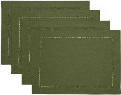 Solino Home Linen Cloth Placemats Set of 4-100% Pure Linen Hemstitch Olive Placemats 14 x 19 Inch - Classic Hemstitch Table Place Mats