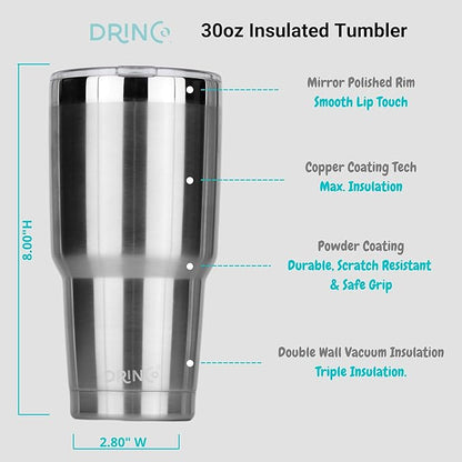 Drinco - 30 oz Stainless Steel Tumbler | Double Walled Vacuum Insulated Mug With Lid, 2 Straws, For Hot & Cold Drinks (30oz Stainless Steel, 30oz)