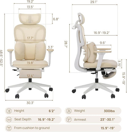 CabLady S1 Petite Ergonomic Office Chair Design with Detachable Pillow Lumbar Cushion, Coat Hanger, 2D Headrest & PU Armrests, Cloud Seat & Footrest Cute Desk Chair for Women Girls