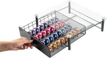 Restaurantware Restpresso 15.6 x 14.1 x 4.2 Inch Coffee Capsule Drawer 1 Heavy-Duty Pod Drawer - Holds 40 Nespresso Vertuo Capsules Glass Top Iron Espresso Pod Organizer Pods Not Included
