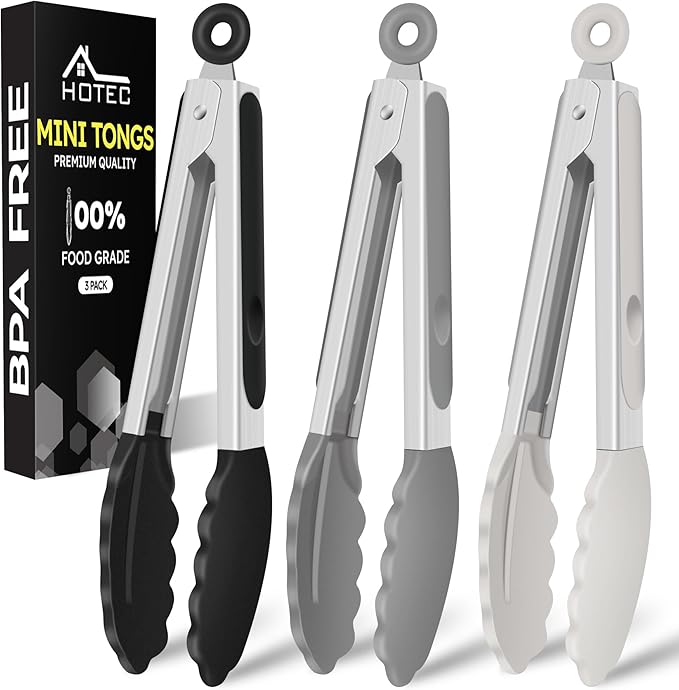 Hotec 7-Inch Mini Silicone Kitchen Tongs, Heat Resistant Non-Stick Small Serving Tongs with Silicone Tips, Food Safe Cooking Tongs Set of 3 (Black, Grey, White)