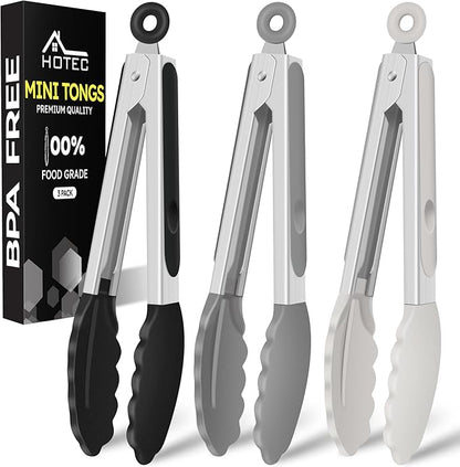 Hotec 7-Inch Mini Silicone Kitchen Tongs, Heat Resistant Non-Stick Small Serving Tongs with Silicone Tips, Food Safe Cooking Tongs Set of 3 (Black, Grey, White)