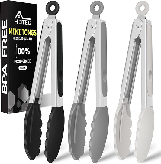 Hotec 7-Inch Mini Silicone Kitchen Tongs, Heat Resistant Non-Stick Small Serving Tongs with Silicone Tips, Food Safe Cooking Tongs Set of 3 (Black, Grey, White)
