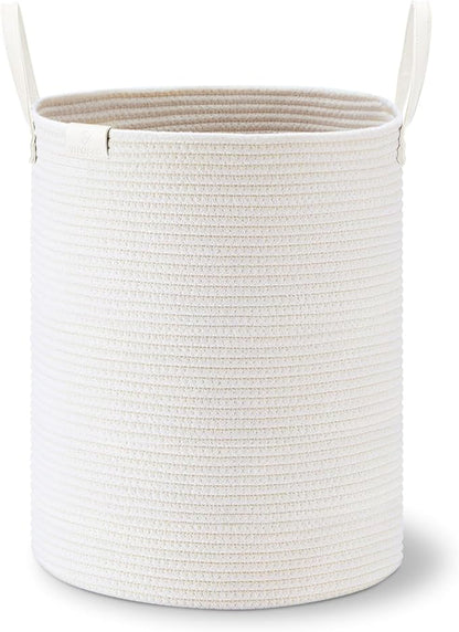 VIPOSCO Tall Laundry Basket, Large Dirty Clothes Hamper with Leather Handle, Woven Rope Storage Basket for Blanket, Toy In Living Room, Bathroom, Bedroom - 53L White