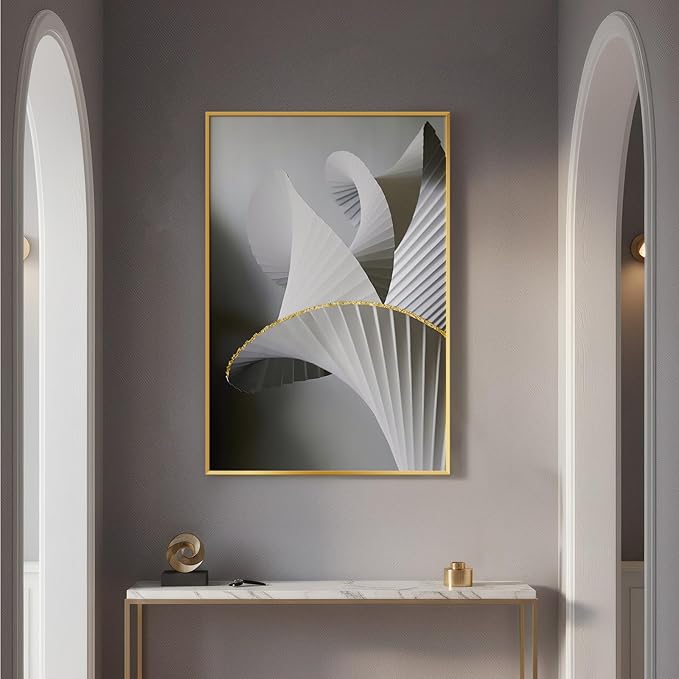 Framed Black and White Abstract Wall Art, Modern Canvas Prints Paintings for Walls, Contemporary Minimalist Gray Gold Fold Geometric Pictures for Living Room Dining Bedroom Hallway Wall Decor 24x36 In