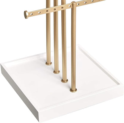 Amazon Basics Four-Tier Jewelry Organizer Tree Stand, Necklace Earring Bracelet Holder with Ring Storage, White/Brass