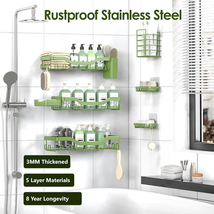 NESOMI Shower Caddy Adhesive Shower Organizer 8-Pack, Rustproof Stainless Steel Bathroom Shelves, Large Capacity No-Drill Rack Storage Accessories with Soap Dish Toothbrush Holder Hooks