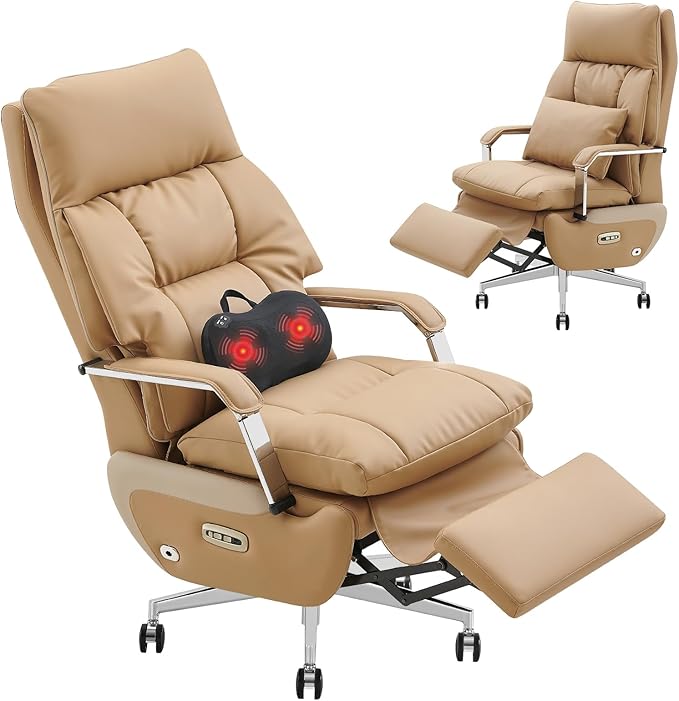 Dual Motor Executive Home Reclining Office Chair with Footrest - One-Click Electric Recline with Massage & Pillow Support Big and Tall PU Leather Ergonomic Desk Chair, High Back Wide Seat (Brown)