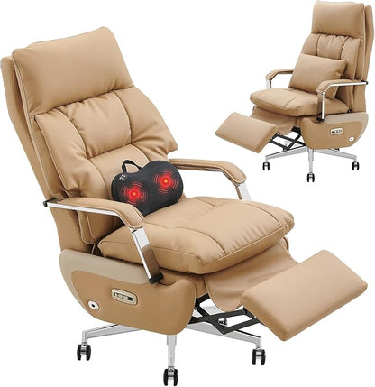 Dual Motor Executive Home Reclining Office Chair with Footrest - One-Click Electric Recline with Massage & Pillow Support Big and Tall PU Leather Ergonomic Desk Chair, High Back Wide Seat (Brown)
