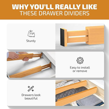 Bamboo Drawer Dividers 6 Pack - Adjustable 16-22 Inch Spring Loaded Deep Drawer Organizer Separators, 2.6 Inch High Non Slip Bamboo Dividers for Kitchen, Dresser, Clothes, Utensils, Bathroom, Office