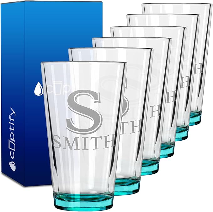 Personalized Beer Glasses Set of 6 Engraved Teal 16oz Pint Glasses for Men & Women, Custom Drinking Gift for Birthdays, Weddings, Father’s Day & More