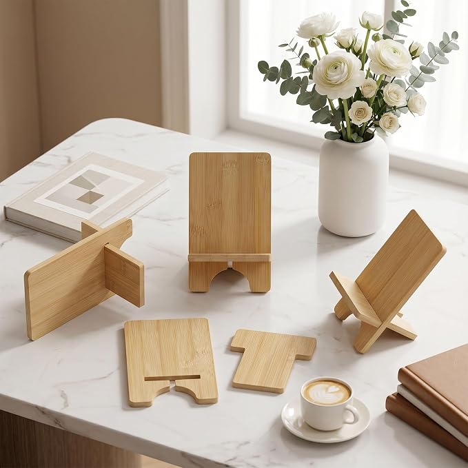 4 Pack Bamboo Book Display Stand Bamboo Book Holder for Books, Magazines, Picture Artworks, Small Easels for Display, Display Bookstand for Coffee Table, Kitchen, Office