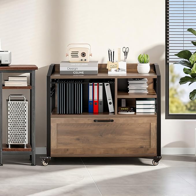 LVB Wood Lateral File Cabinet with Drawers, Rolling Filing Cabinet Under Desk for Home Office, Printer Stand with Storage Shelf,Hanging File Organizer for Legal/Letter Size, Rustic Oak, 33Inch