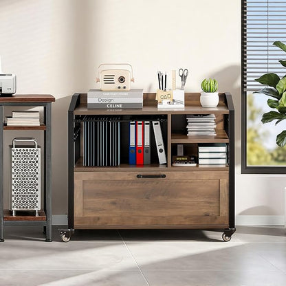 LVB Wood Lateral File Cabinet with Drawers, Rolling Filing Cabinet Under Desk for Home Office, Printer Stand with Storage Shelf,Hanging File Organizer for Legal/Letter Size, Rustic Oak, 33Inch