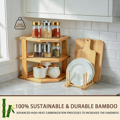 Bamboo Plate Organizer for Cabinet Set,3 Tier Corner Shelf & Vertical Plate Holder, Durable Space Saver Wooden Dish Racks for Kitchen Cabinet RV Plates,Dishes,Bowls,Spice,Lids,Bread Pantry - 1 Set