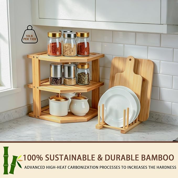 Bamboo Plate Holder Set,3 Tier Corner Shelf & Vertical Plate Stand,Sustainable Dish Organizer for Cabinet,Countertop,Small Space Organization,Durable Dish Rack for Cups,Cutting Boards ,Books - 2 Set