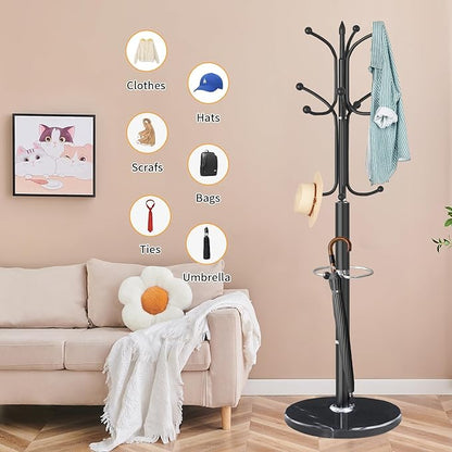ZOZOE Metal Coat Rack Stand, Modern Coat Rack Freestanding with Natural Marble Base, Sturdy Coat Racks with 12 Hooks & Umbrella Holder,Black Coat Tree Hanger Stand for Bags,Hats,Entryway,Office