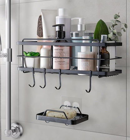 KINCMAX Premium Shower Caddy - Self Adhesive Shower Shelf with 4 Hooks - No Drill Large Capacity Stainless Steel Rack - Aesthetic Organizer for Bathroom Wall Decor - Black