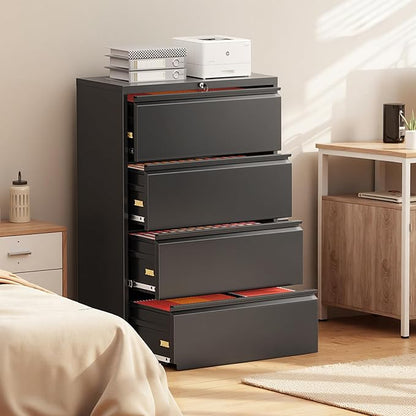 Superday Lateral File Cabinet 4 Drawer Metal File Cabinet with Lock, Black Filing Cabinets for Home Office, Locking Filing Cabinets Hanging Files Letter/Legal/F4/A4