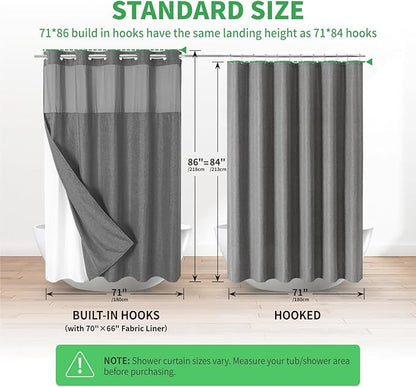 Extra Long No Hooks Needed Linen Textured Shower Curtain with Snap-in Fabric Liner Set,White Hotel Luxury Decor Shower Curtains for Bathroom,Waterproof & Washable,71Wx86H,Charcoal Grey