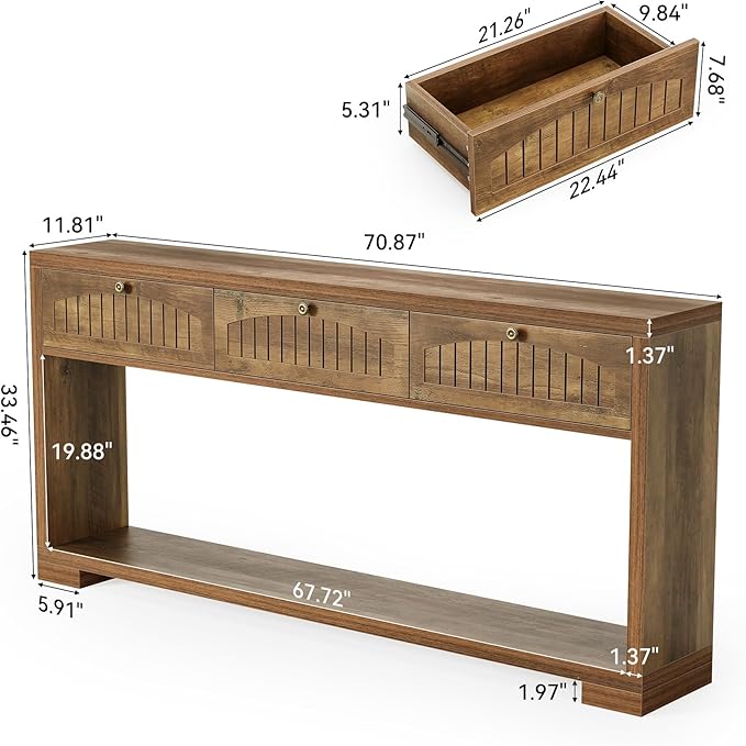 LITTLE TREE 70.8-Inch Long Console Table with 3 Drawers, Narrow Farmhouse Entryway Table for Hallway, Entry, Behind Couch, Living Room, Sofa, Entrance, Foyer with 2-Tier Shelves, Rustic Brown