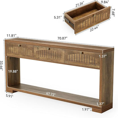 LITTLE TREE 70.8-Inch Long Console Table with 3 Drawers, Narrow Farmhouse Entryway Table for Hallway, Entry, Behind Couch, Living Room, Sofa, Entrance, Foyer with 2-Tier Shelves, Rustic Brown
