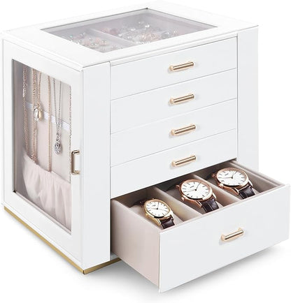GUOER Jewelry Box 5 Layer for Women, Glass Lid Jewelry Organizer with 5 Drawers for Necklaces Rings Earrings Bracelets, Functional PU Leather Jewelry Storage Case Holder (White)