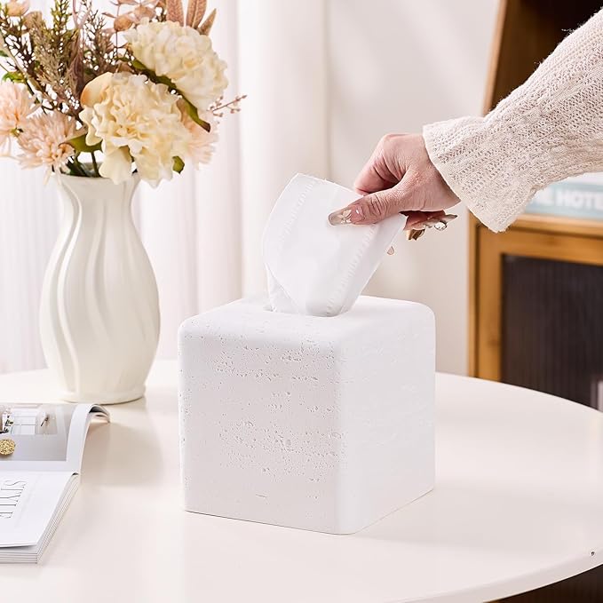 White Natural Travertine Textures Square Tissue Box Cover Holder, Resin Tissue Box Holder Decorative for Bathroom, Vanity, Kitchen Countertop, Bedroom Night Stands, Office Desk Top